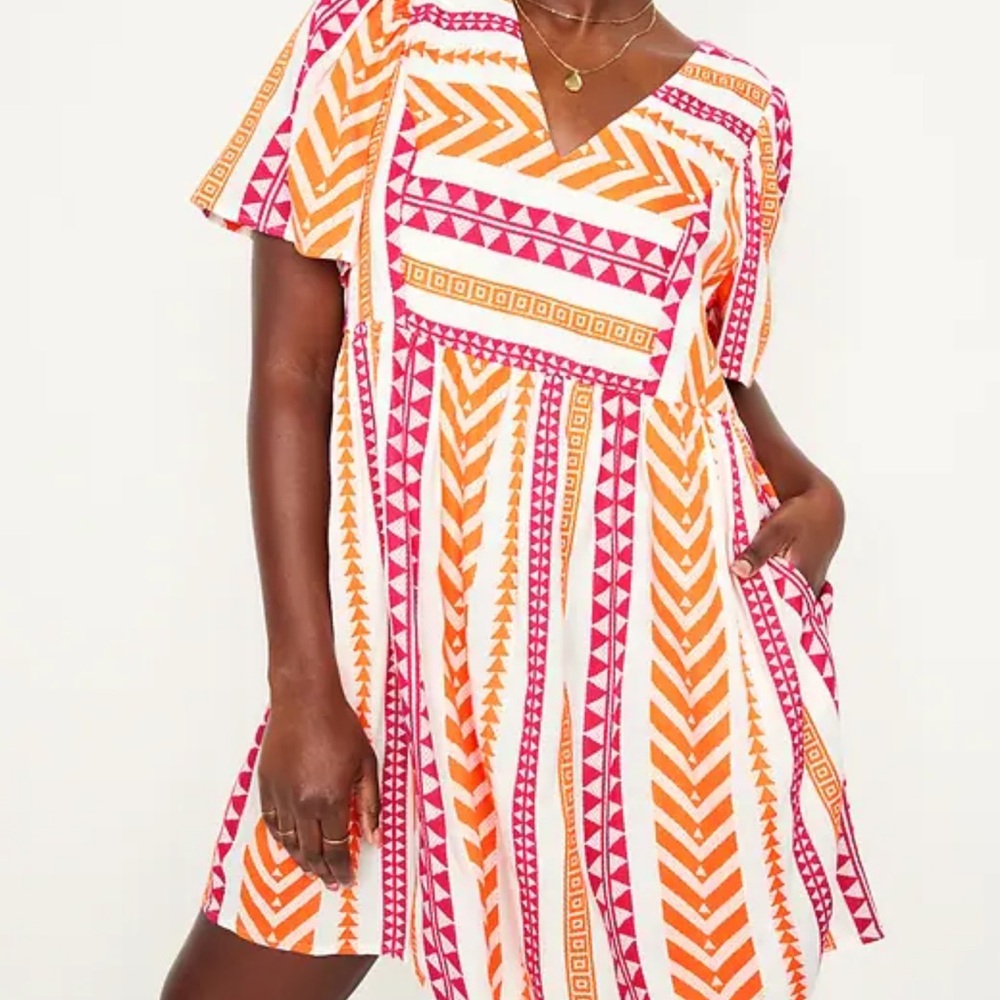 Old Navy Pink and Orange Printed Tribal V-Neck Swing Dress